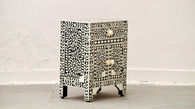 Bone Inlay Bedisde Table - Black Floral