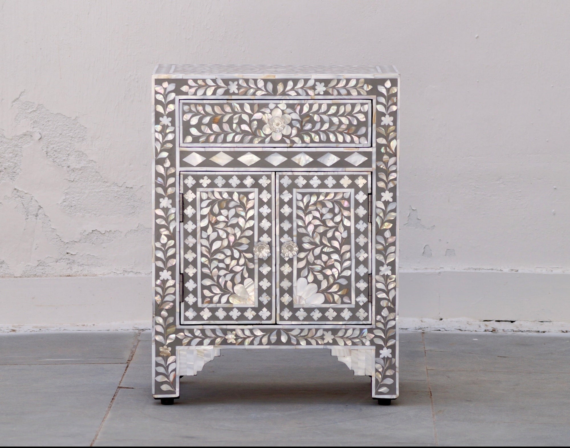 Mother Of Pearl Bedside Table - Grey Floral