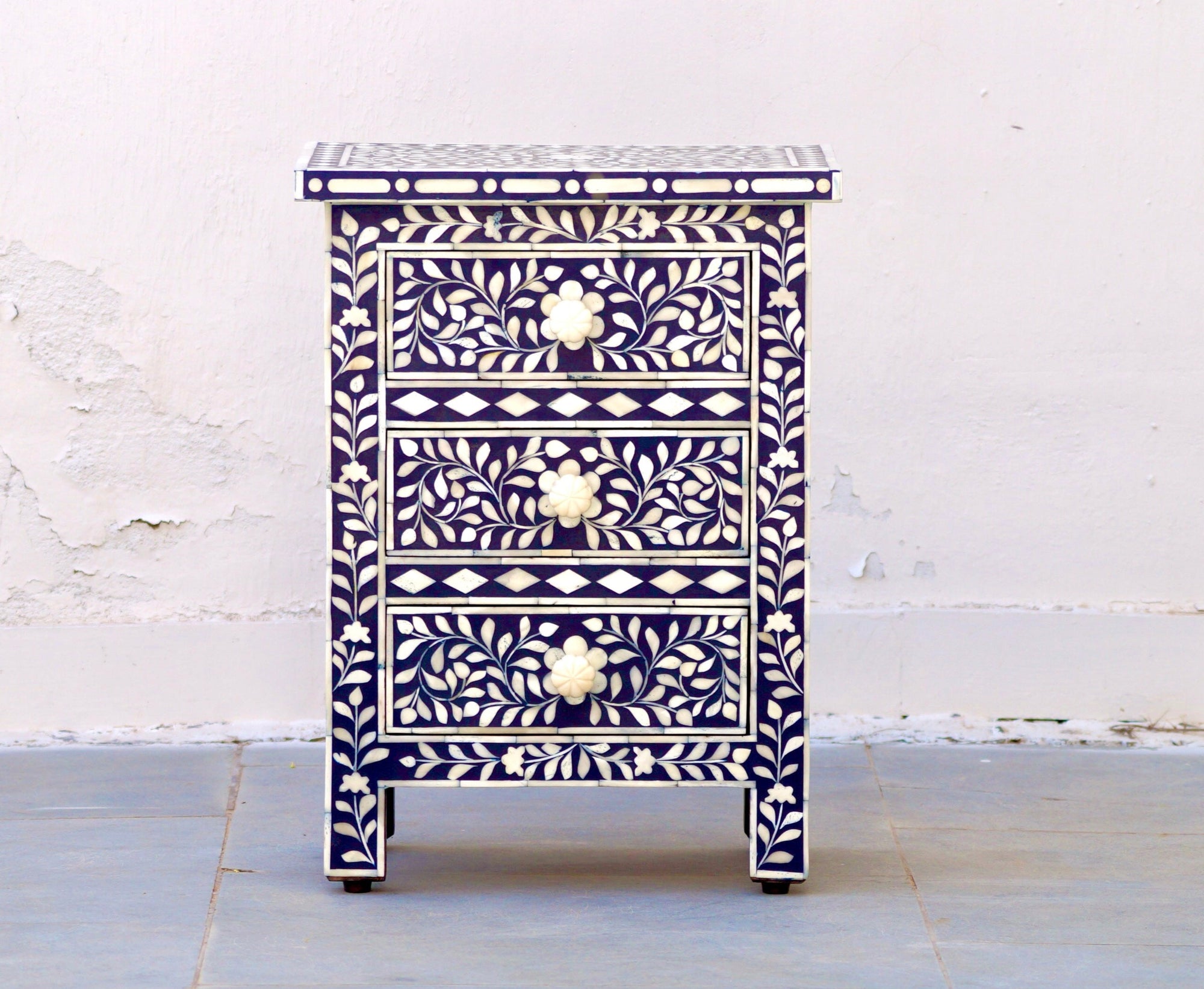 Bone Inlay Bedisde Table - Navy Floral