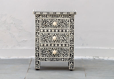 Bone Inlay Bedisde Table - Black Floral