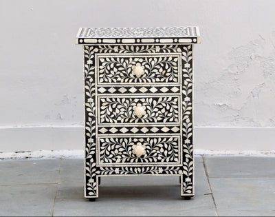 Bone Inlay Bedisde Table - Black Floral