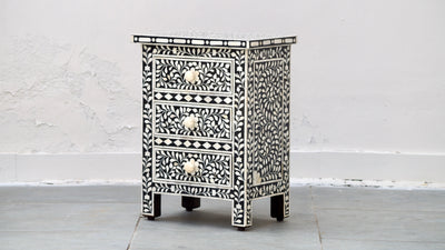 Bone Inlay Bedisde Table - Black Floral