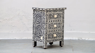 Bone Inlay Bedisde Table - Black Floral