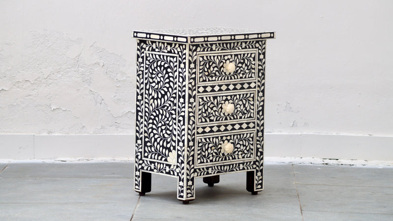 Bone Inlay Bedisde Table - Black Floral