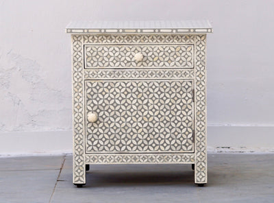 Bone Inlay Bedside Table - Grey Geometric