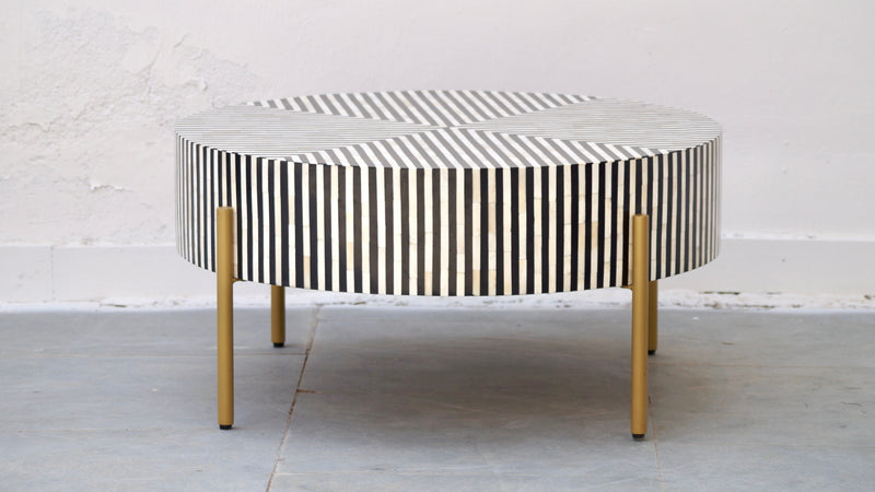 Bone Inlay Round Coffee Table - Black Stripe