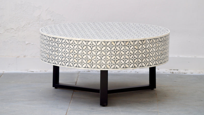 Bone Inlay Round Coffee Table - Grey Geometric