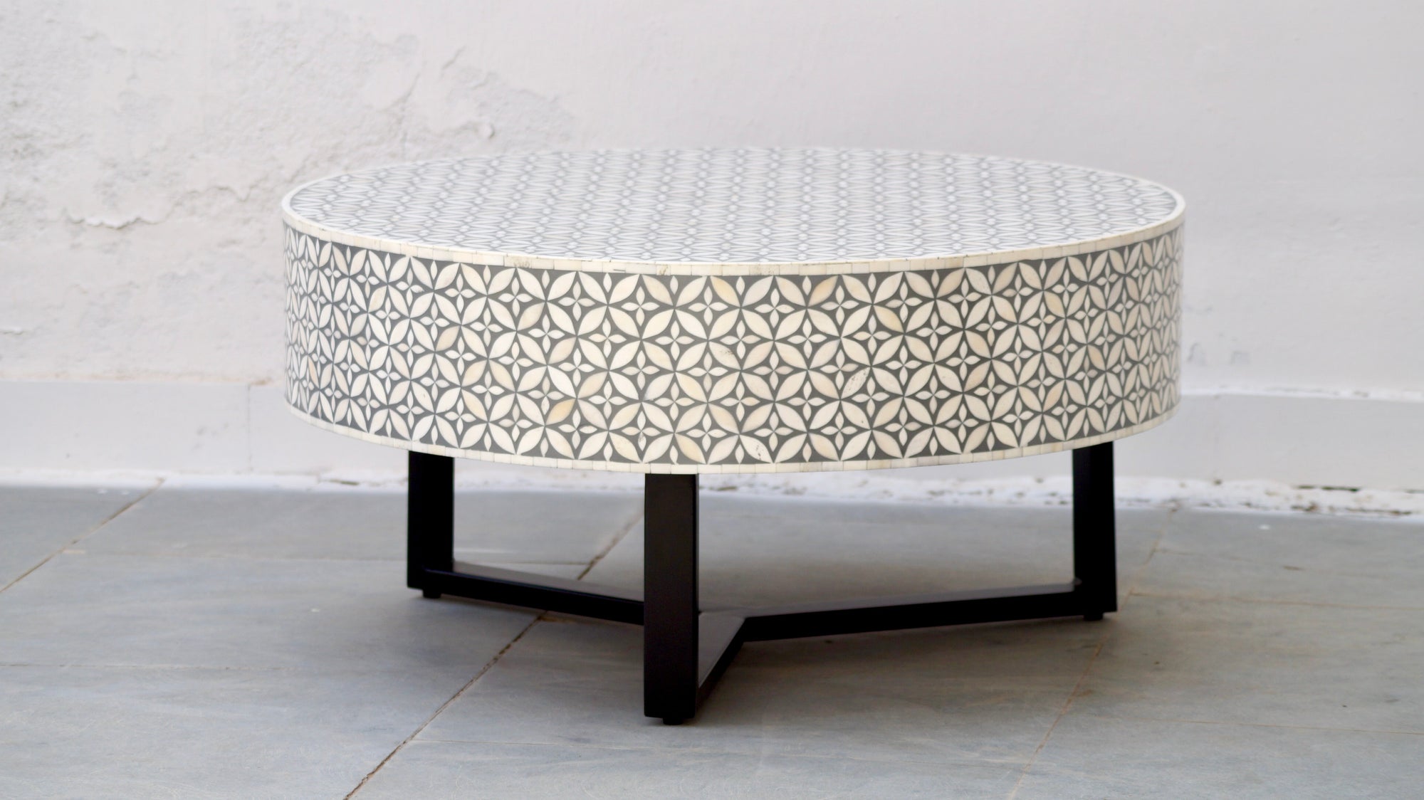 Bone Inlay Round Coffee Table - Grey Geometric