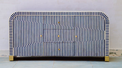 Bone Inlay Curved Sideboard - Navy Blue Stripe