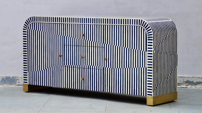 Bone Inlay Curved Sideboard - Navy Blue Stripe