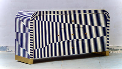 Bone Inlay Curved Sideboard - Navy Blue Stripe