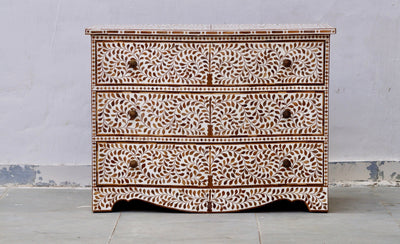 Teakwood Inlay French Chest of 3 Drawers - Floral Pattern