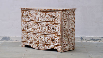 Teakwood Inlay French Chest of 3 Drawers - Floral Pattern