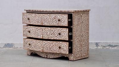 Teakwood Inlay French Chest of 3 Drawers - Floral Pattern