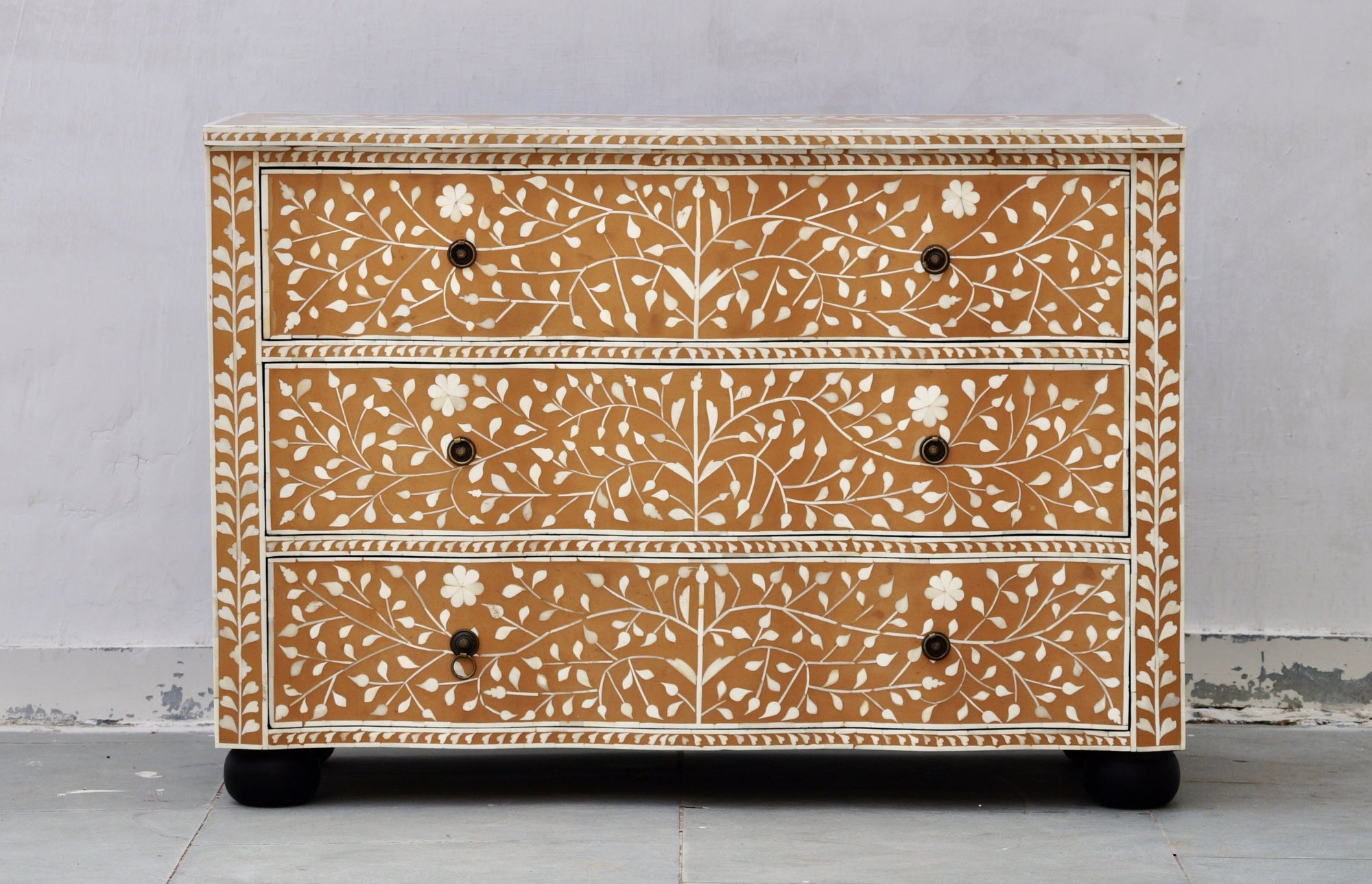 Bone Inlay 3 Drawers French Chest - Almond Floral