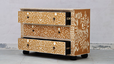 Bone Inlay 3 Drawers French Chest - Almond Floral