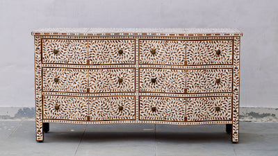 Teakwood Inlay French Chest of 6 Drawers - Floral Pattern