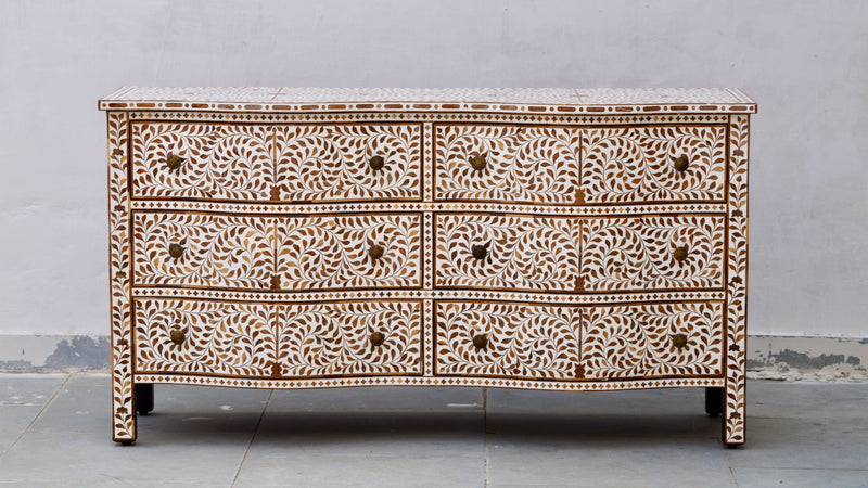 Teakwood Inlay French Chest of 6 Drawers - Floral Pattern