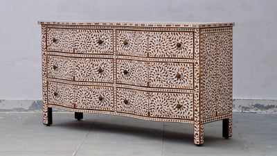 Teakwood Inlay French Chest of 6 Drawers - Floral Pattern