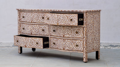 Teakwood Inlay French Chest of 6 Drawers - Floral Pattern