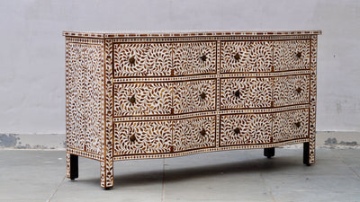 Teakwood Inlay French Chest of 6 Drawers - Floral Pattern