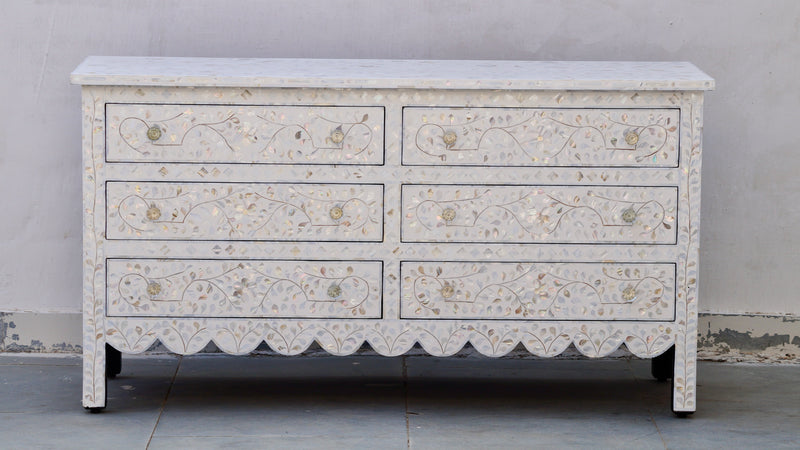 Mother of Pearl Chest of 6 Drawers -  White Floral