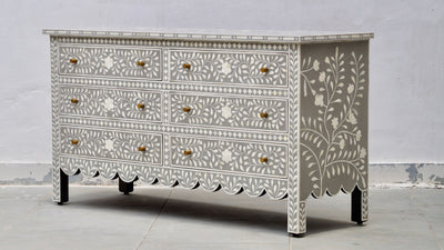 Bone Inlay Chest Of 6 Drawers - Grey Floral