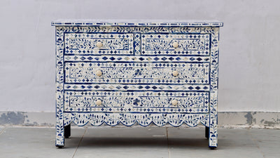 Bone Inlay Chest Of 4 Drawers - Dyed Blue Scallop