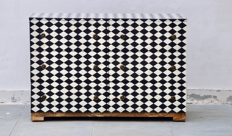 Bone Inlay 6 Drawers Chest - Black Diamond Pattern