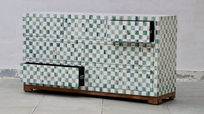 Bone Inlay 7 Drawers Chest - Dyed Green Checkered Pattern