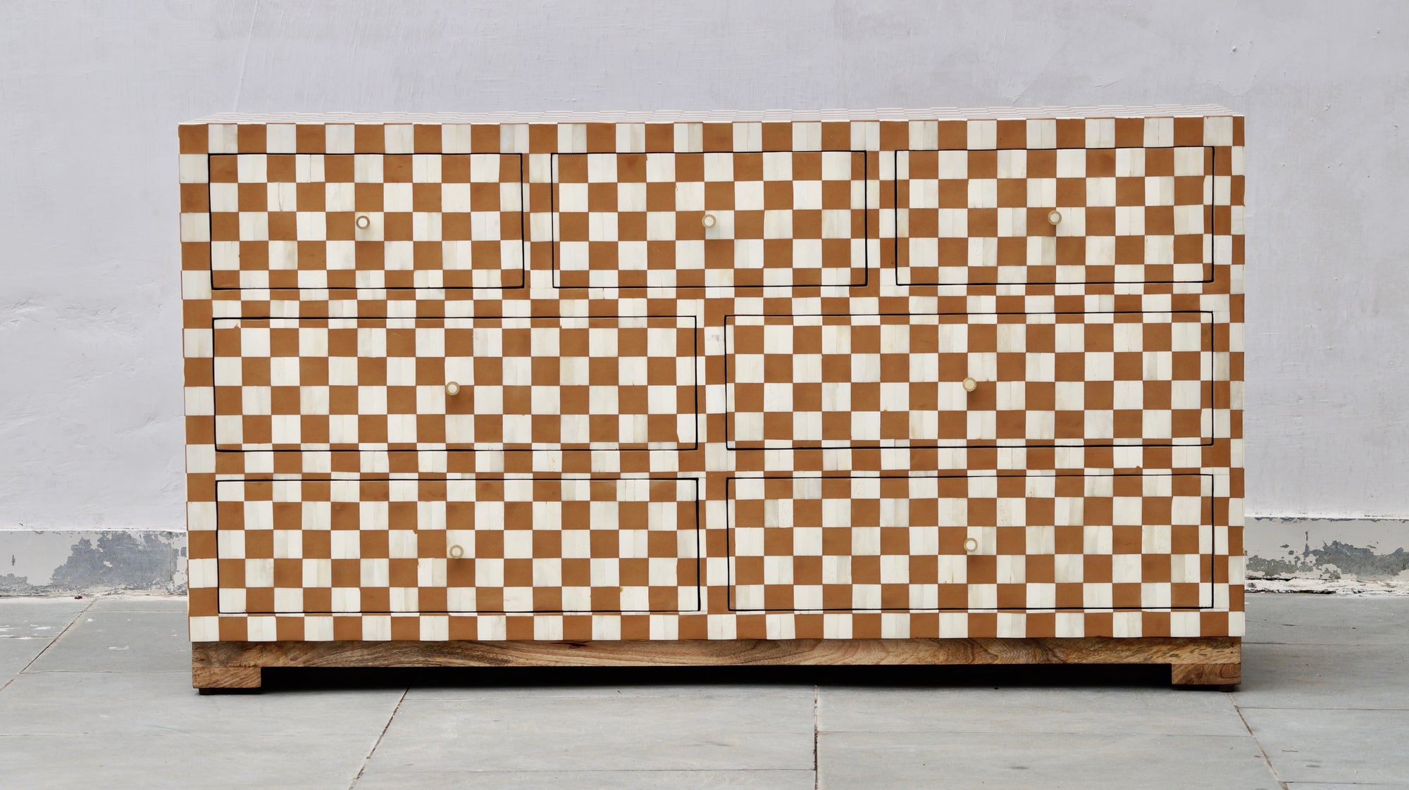 Bone Inlay 7 Drawers Chest - Almond Checkered Pattern