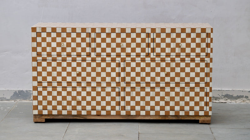 Bone Inlay 7 Drawers Chest - Almond Checkered Pattern