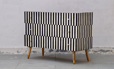 Bone Inlay 3 Drawers Scandinavian Chest - Black Stripe