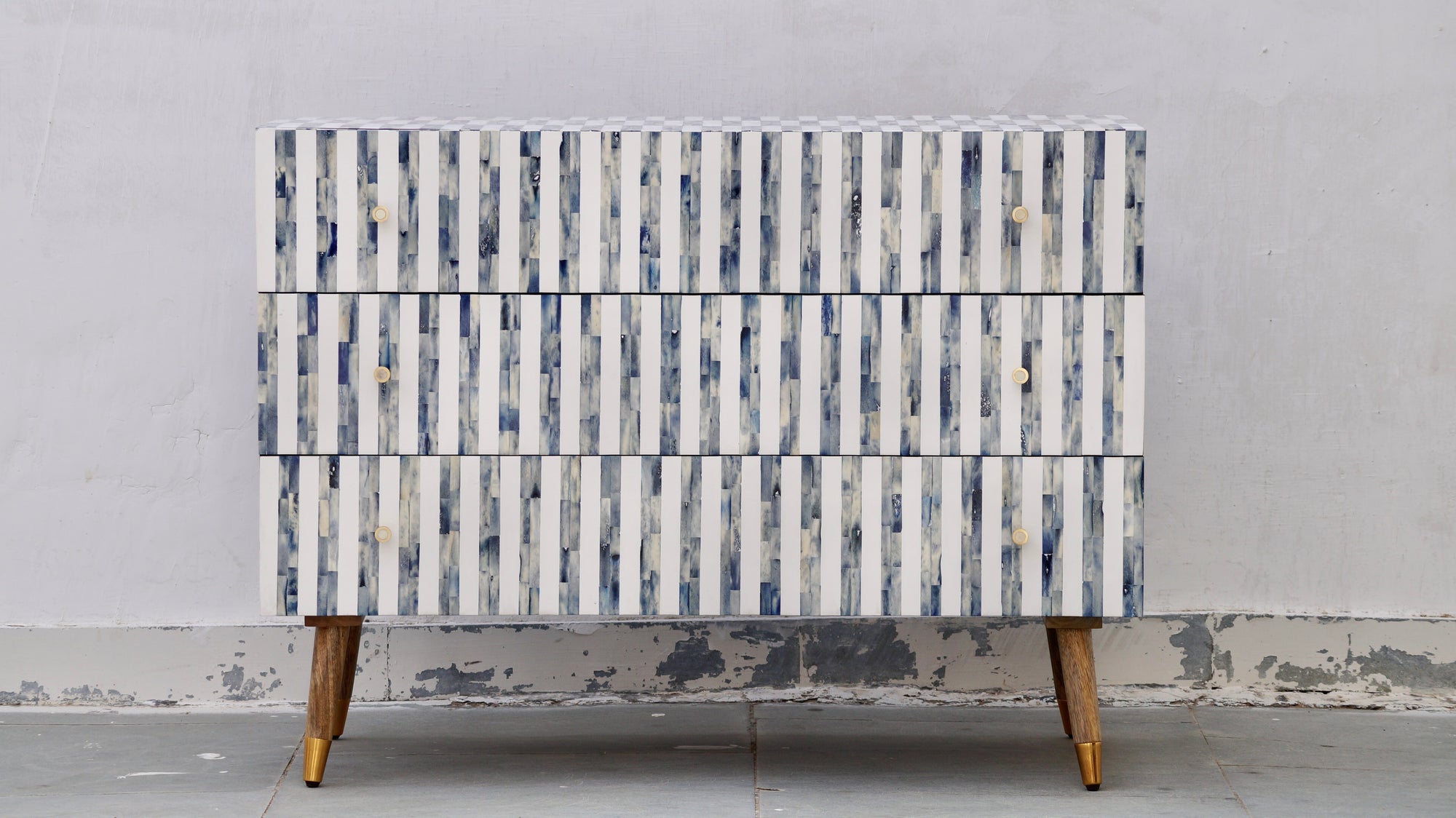 Bone Inlay 3 Drawers Scandinavian Chest With Wooden Legs - Dyed Blue Stripe