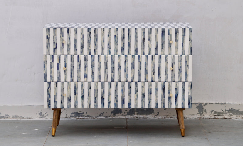 Bone Inlay 3 Drawers Scandinavian Chest With Wooden Legs - Dyed Blue Stripe