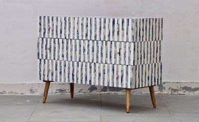 Bone Inlay 3 Drawers Scandinavian Chest With Wooden Legs - Dyed Blue Stripe