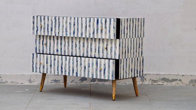 Bone Inlay 3 Drawers Scandinavian Chest With Wooden Legs - Dyed Blue Stripe