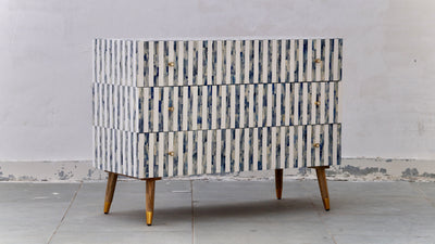 Bone Inlay 3 Drawers Scandinavian Chest With Wooden Legs - Dyed Blue Stripe