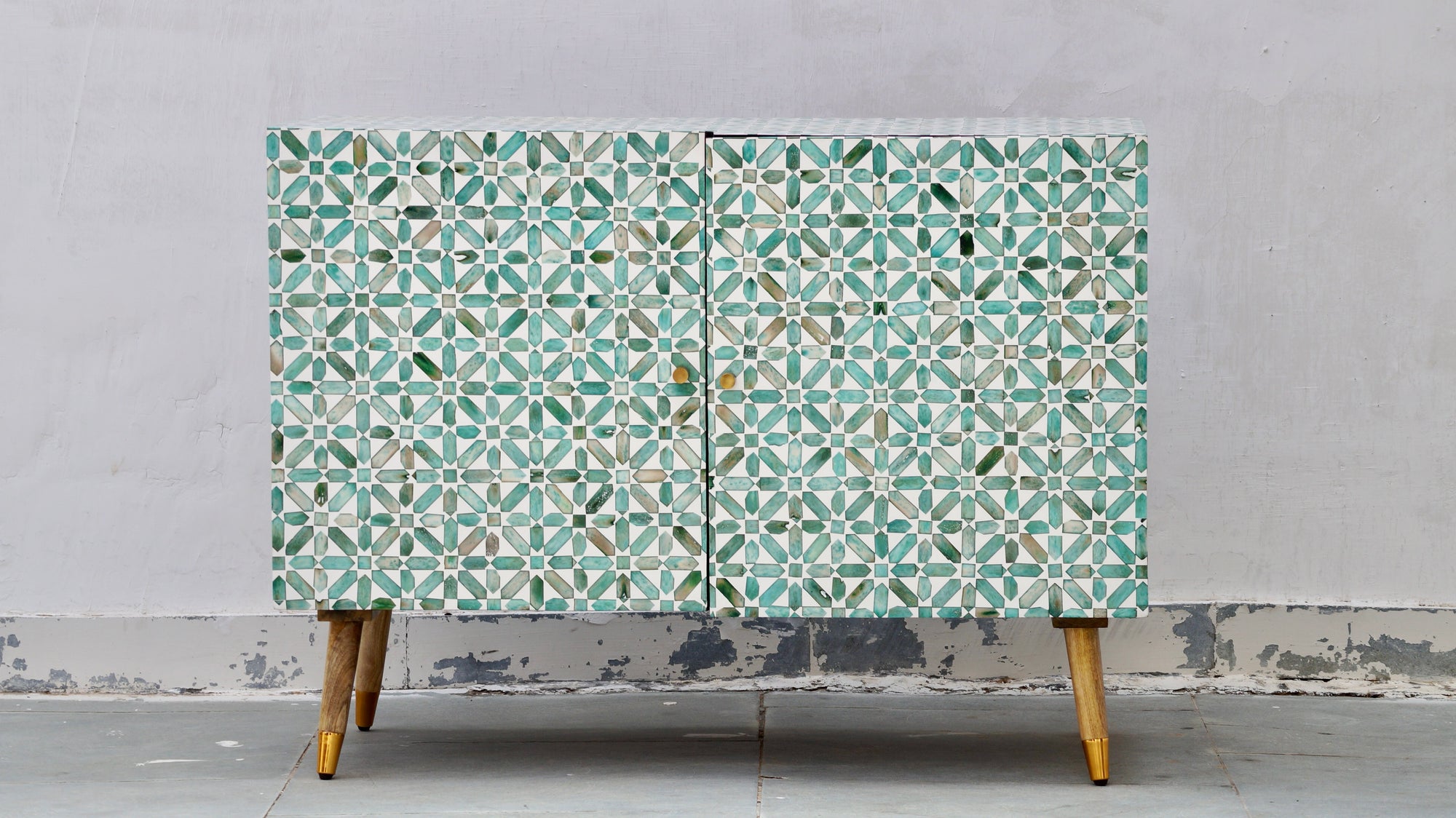 Bone Inlay 2 Door Cabinet - Dyed Green Floral