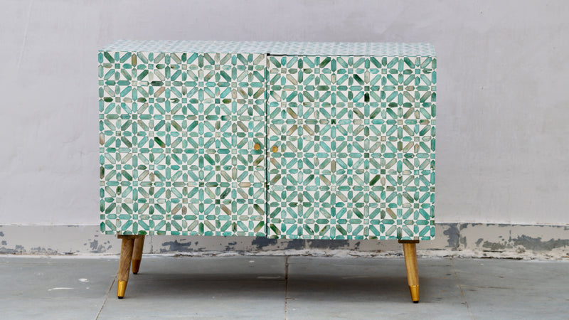 Bone Inlay 2 Door Cabinet - Dyed Green Floral