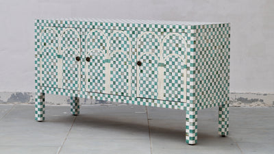 Bone Inlay 3 Doors Sideboard - Dyed Green Checkered