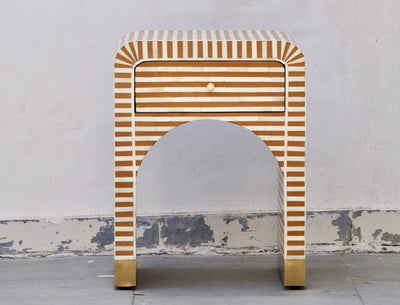 Bone Inlay Curved Bedside Table - Almond Stripe