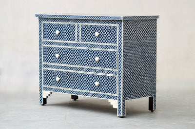 BONE INLAY 4 Chest of DRAWERS - NAVY BLUE FISHSCALE