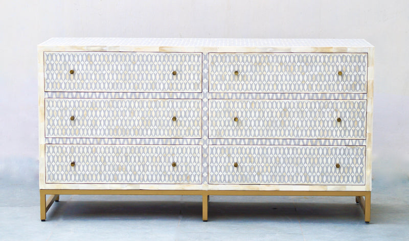 Bone Inlay 6 Drawers Sideboard - Grey Lattice