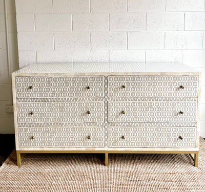 Bone Inlay 6 Drawers Sideboard - Grey Lattice