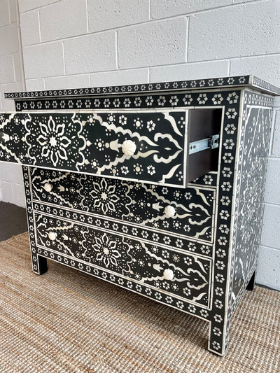 Bone Inlay 3 Drawers Chest - Black Star Floral