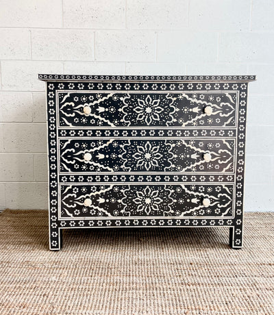 Bone Inlay 3 Drawers Chest - Black Star Floral