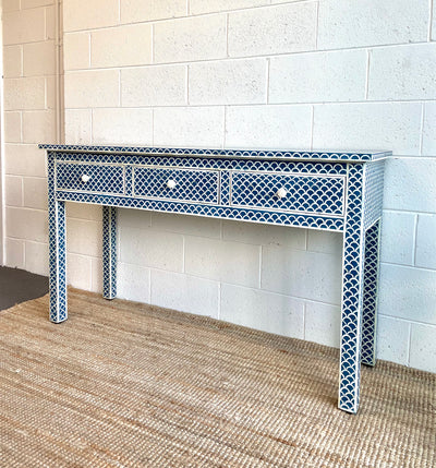 BONE INLAY 3 DRAWER CONSOLE - NAVY BLUE FISHSCALE