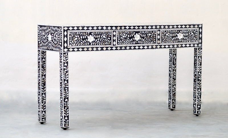 Mother Of Pearl 3 Drawers Console Table - Black Floral