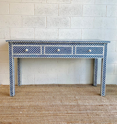 BONE INLAY 3 DRAWER CONSOLE - NAVY BLUE FISHSCALE